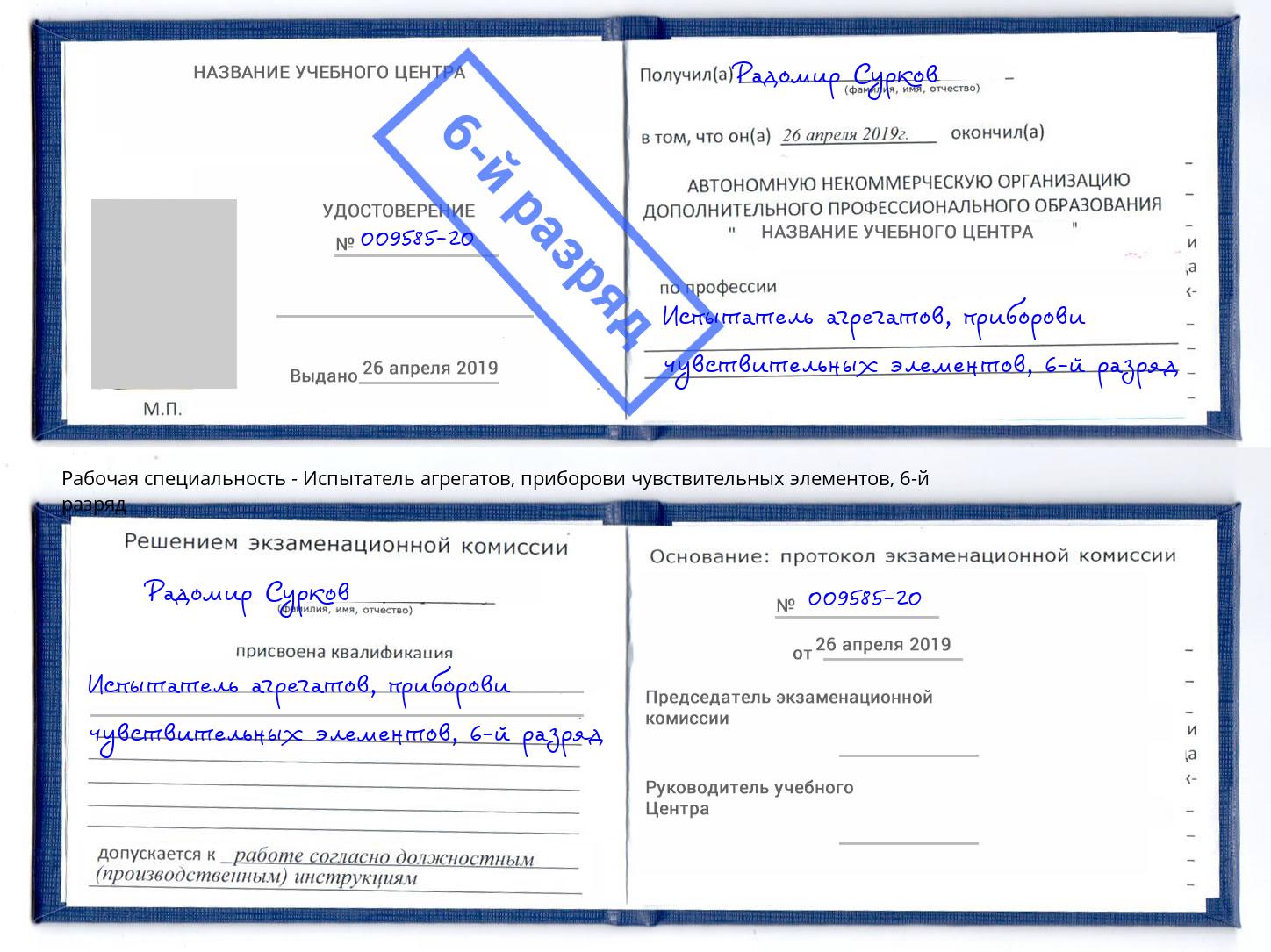 корочка 6-й разряд Испытатель агрегатов, приборови чувствительных элементов Биробиджан