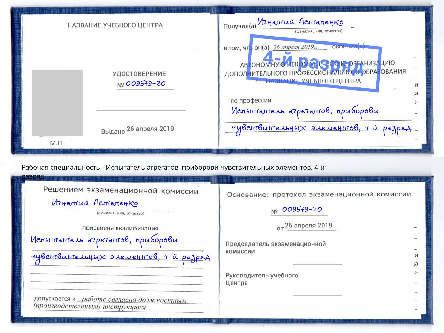 корочка 4-й разряд Испытатель агрегатов, приборови чувствительных элементов Биробиджан