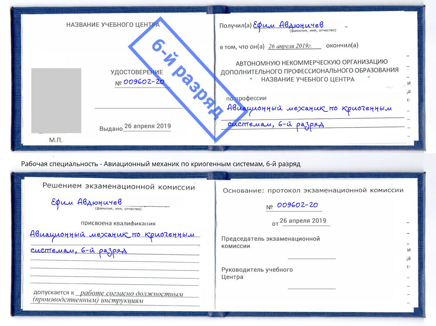 корочка 6-й разряд Авиационный механик по криогенным системам Биробиджан