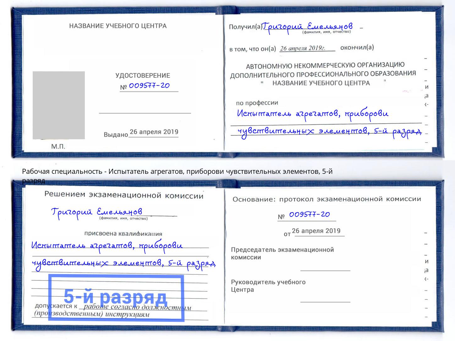 корочка 5-й разряд Испытатель агрегатов, приборови чувствительных элементов Биробиджан