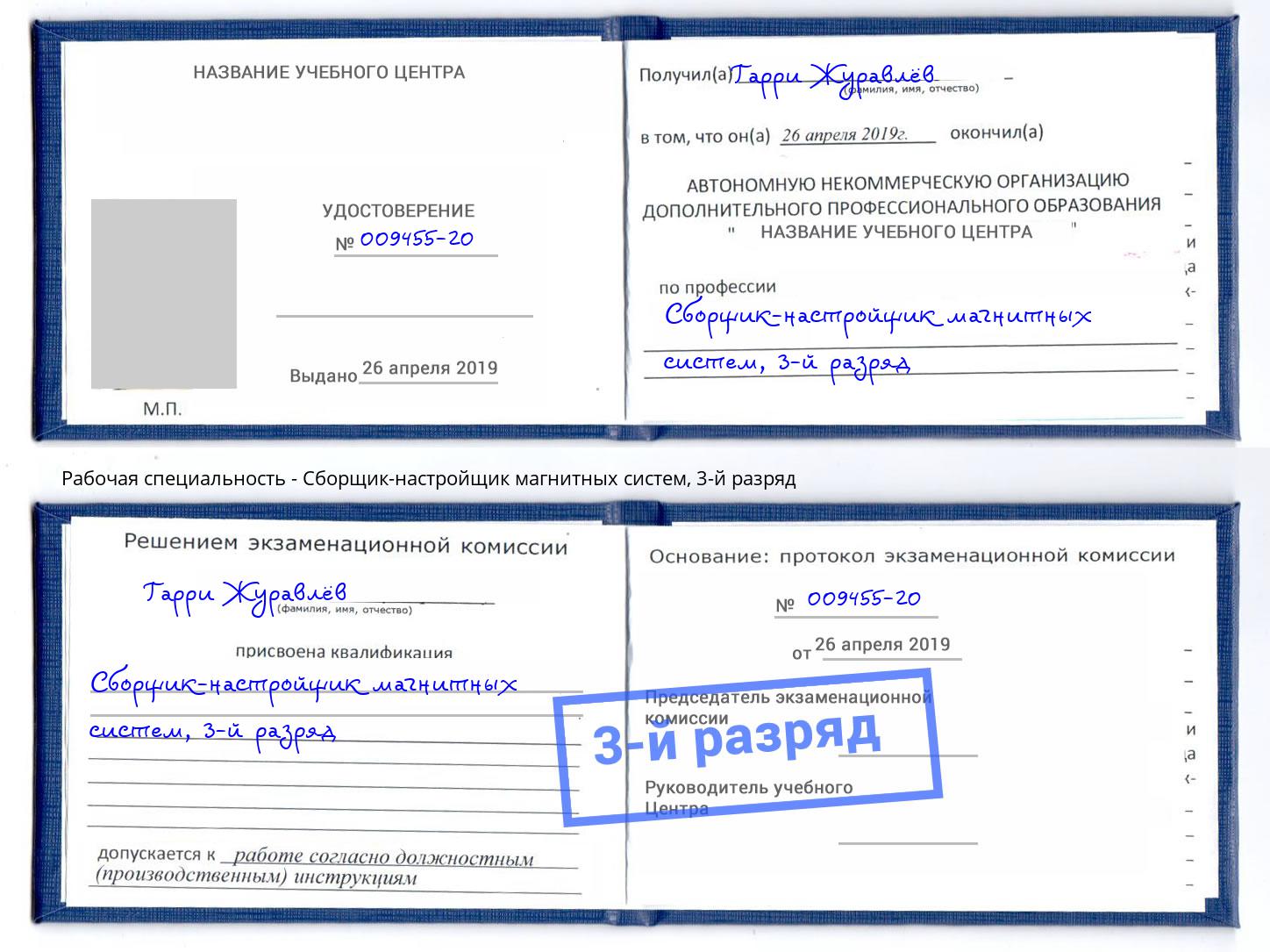 корочка 3-й разряд Сборщик-настройщик магнитных систем Биробиджан
