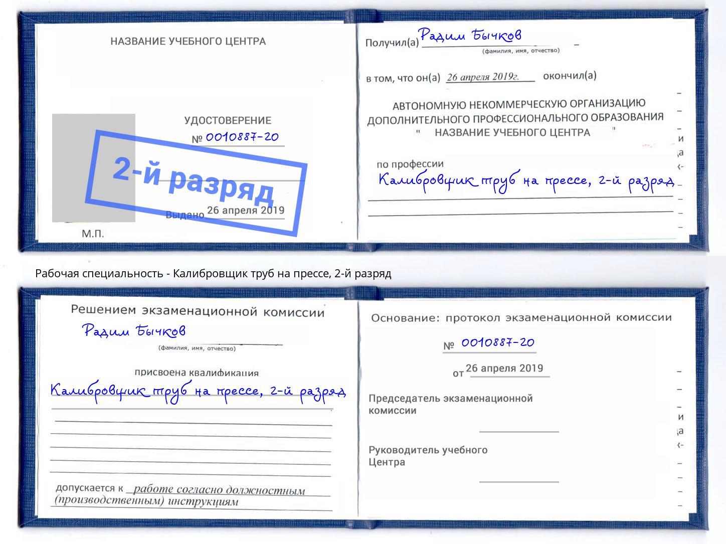 корочка 2-й разряд Калибровщик труб на прессе Биробиджан