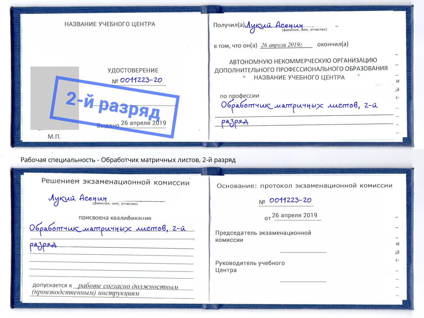 корочка 2-й разряд Обработчик матричных листов Биробиджан