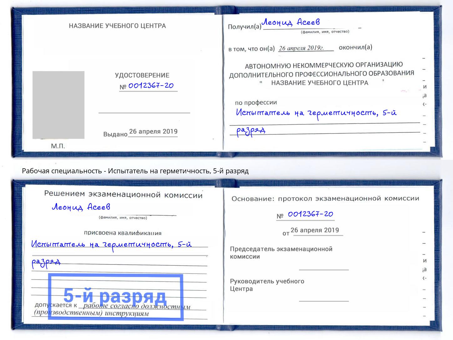 корочка 5-й разряд Испытатель на герметичность Биробиджан