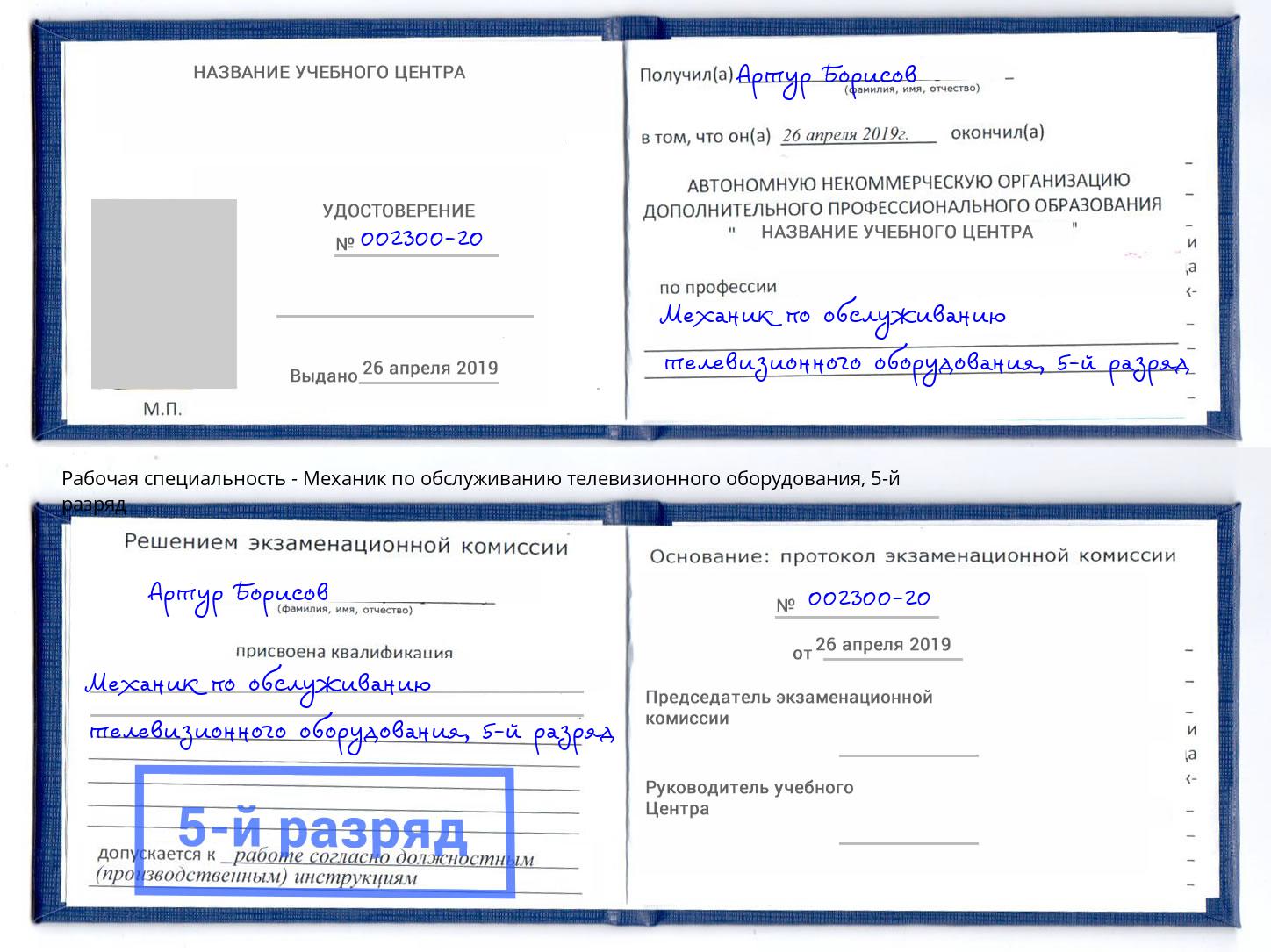 корочка 5-й разряд Механик по обслуживанию телевизионного оборудования Биробиджан