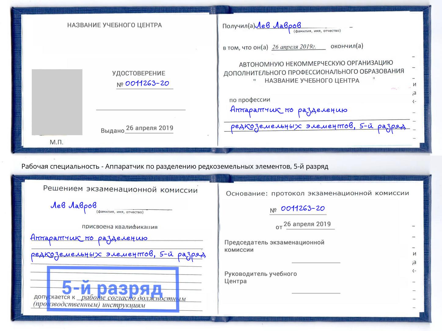 корочка 5-й разряд Аппаратчик по разделению редкоземельных элементов Биробиджан